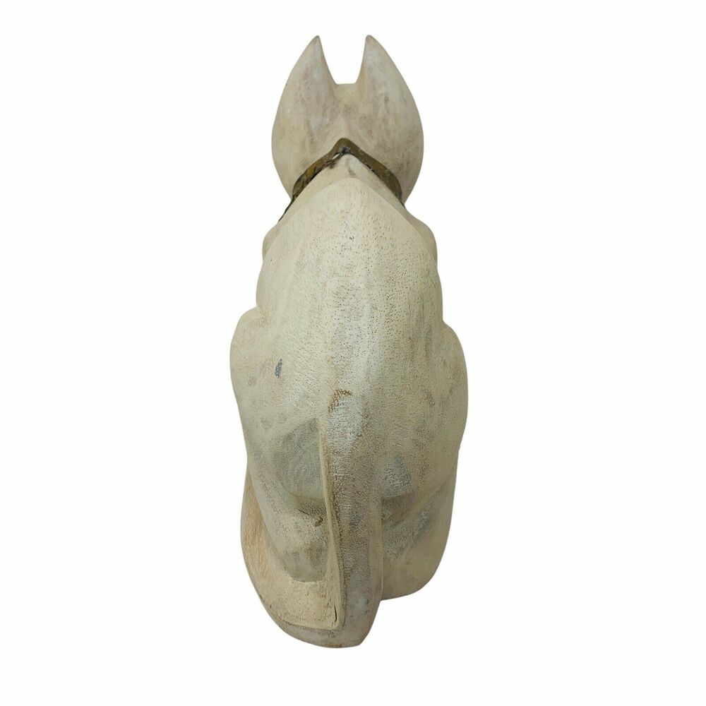 Vtg MCM Hand Carved Wooden Cat Figure Statue Sculpture Brass Collar - Picture 5 of 8